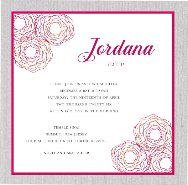A favorite from our Jewish Bat Mitzvah collection, this invitation features modern, chic flowers in pink and orange at the two corners of the card. The unique design adds a fresh, contemporary twist to this traditional symbol, making it the perfect choice for your Bat Mitzvah celebration. This invitation suite includes matching blank envelopes, offering a cohesive and elegant touch to your special event.