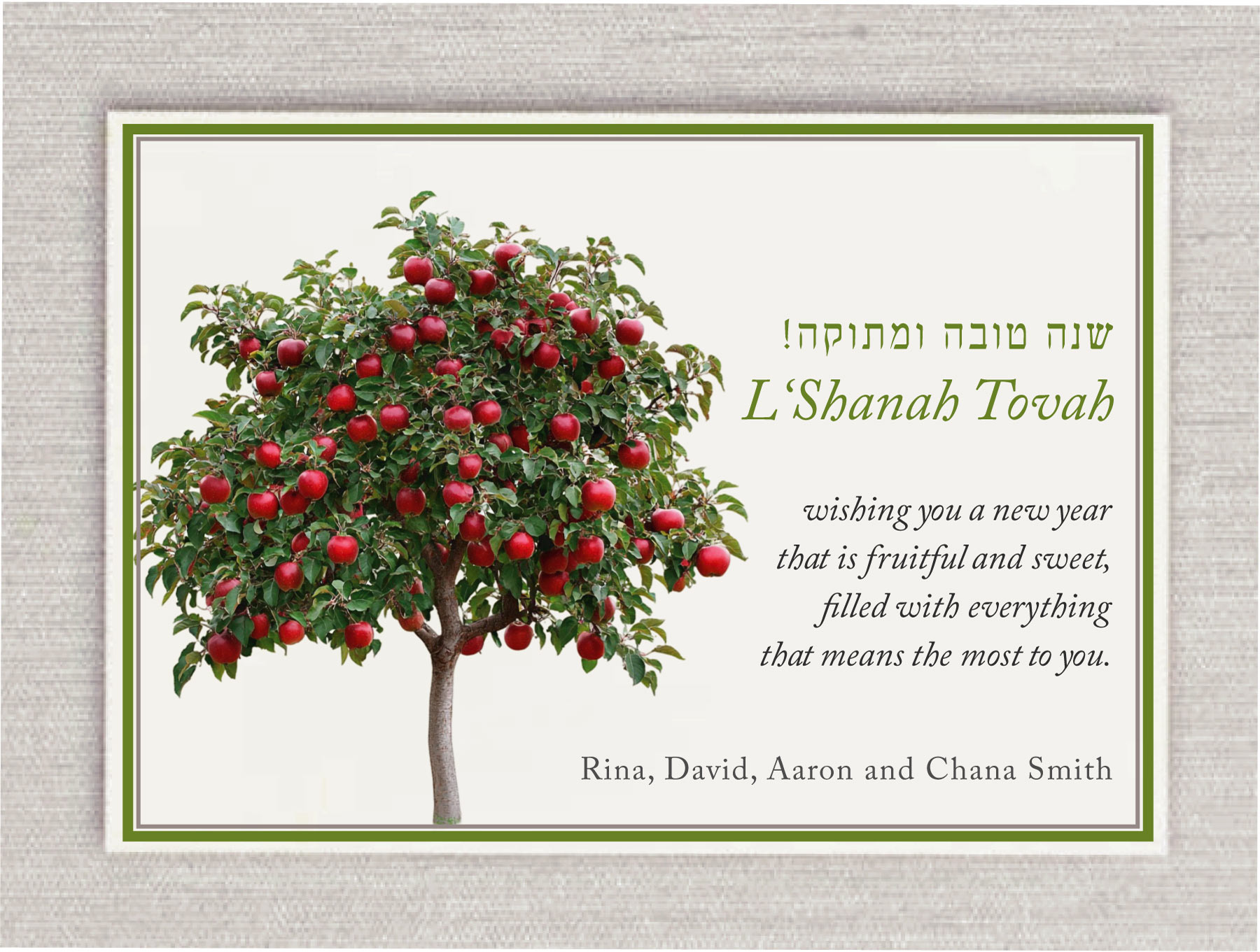 Celebrate the Jewish New Year with heartfelt meaning and vibrant beauty. Our Fruitful Blessings Rosh Hashanah Cards feature a stunning illustration of a lush green tree overflowing with red apples — a timeless symbol of abundance, prosperity, and a sweet year ahead. Perfect for sharing warm wishes with loved ones, these Jewish New Year cards capture the spirit of Rosh Hashanah with rich colors and symbolic imagery. Whether you're sending blessings to family, friends, or colleagues, this card is a meaningful way to say L'Shana Tova and welcome a fruitful new beginning.