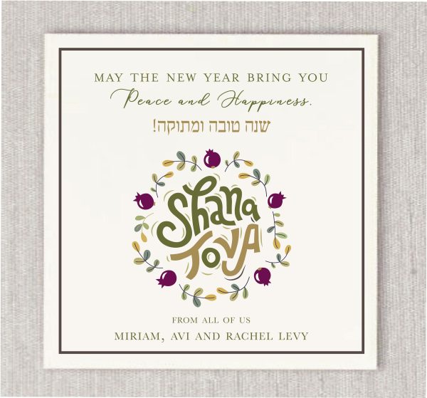 Celebrate the spirit of Rosh Hashanah with this beautifully illustrated card, featuring a vibrant Shanah Tovah logo in unique green hand-calligraphy — echoing the color of the symbolic apple of the Jewish New Year. A heartfelt verse crowns the top of the card in elegant script. Personalized with your warm New Year’s wishes and finished with your signature in graceful lettering, this card is both meaningful and memorable — a perfect way to share joy and tradition with family and friends. For an added touch of elegance, optional hand-lined envelopes are available to complement your cards beautifully.