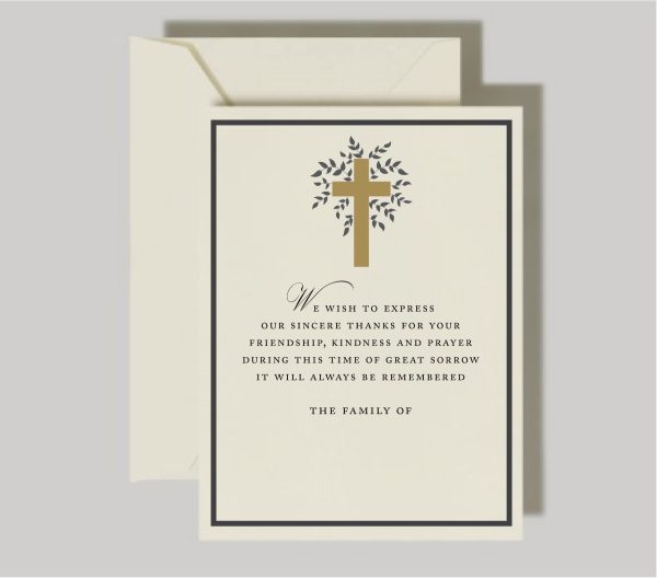 Introducing our Leaves Around the Cross Sympathy Cards, featuring a striking golden cross encircled by delicate dark smoke leaves. This elegant design frames the cross beautifully, with a modern typeface highlighting a heartfelt verse at the center. Each card provides generous space for your personal signature or a special note, letting you express your gratitude and sentiments. To add a meaningful touch, the family’s signature is also included, enhancing the card’s personal significance.