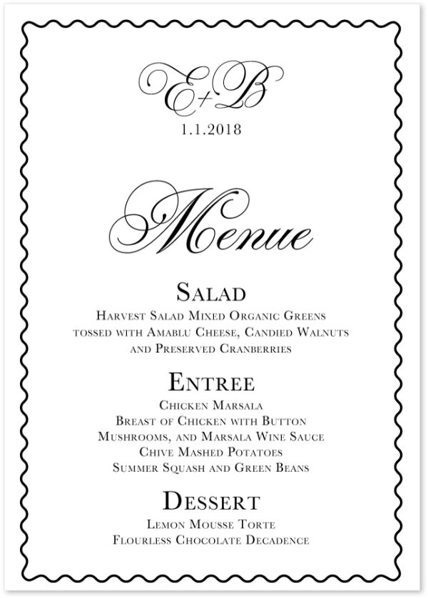 Celebration - White Wedding Menus & Custom Wedding Party Menu Cards