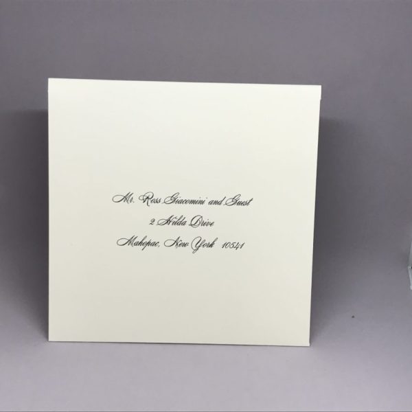 Save time by opting for calligraphy envelope guest addressing with your order, featuring guest addressing tailored to match your unique style. This ensures that upon receiving your invitations, they will be ready for mailing, complete with addresses professionally printed directly onto your envelopes. The font and color will seamlessly match your invitations, creating a cohesive theme, unless you specify changes to the color or fonts. Select your desired quantity, customize your envelope online, and complete your order. Email us your guest addressing list file, and we'll create a layout for your approval. Upon receiving the layout, carefully review it and make any necessary changes or corrections.