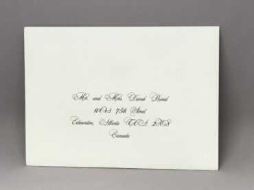 Save time by opting for calligraphy envelope guest addressing with your order, featuring guest addressing tailored to match your unique style. This ensures that upon receiving your invitations, they will be ready for mailing, complete with addresses professionally printed directly onto your envelopes. The font and color will seamlessly match your invitations, creating a cohesive theme, unless you specify changes to the color or fonts. Select your desired quantity, customize your envelope online, and complete your order. Email us your guest addressing list file, and we'll create a layout for your approval. Upon receiving the layout, carefully review it and make any necessary changes or corrections.