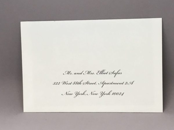 Save time by opting for calligraphy envelope guest addressing with your order, featuring guest addressing tailored to match your unique style. This ensures that upon receiving your invitations, they will be ready for mailing, complete with addresses professionally printed directly onto your envelopes. The font and color will seamlessly match your invitations, creating a cohesive theme, unless you specify changes to the color or fonts. Select your desired quantity, customize your envelope online, and complete your order. Email us your guest addressing list file, and we'll create a layout for your approval. Upon receiving the layout, carefully review it and make any necessary changes or corrections.