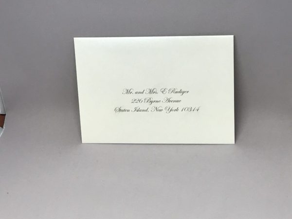 Save time by opting for calligraphy envelope guest addressing with your order, featuring guest addressing tailored to match your unique style. This ensures that upon receiving your invitations, they will be ready for mailing, complete with addresses professionally printed directly onto your envelopes. The font and color will seamlessly match your invitations, creating a cohesive theme, unless you specify changes to the color or fonts. Select your desired quantity, customize your envelope online, and complete your order. Email us your guest addressing list file, and we'll create a layout for your approval. Upon receiving the layout, carefully review it and make any necessary changes or corrections.