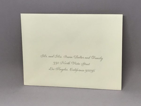 Save time by opting for calligraphy envelope guest addressing with your order, featuring guest addressing tailored to match your unique style. This ensures that upon receiving your invitations, they will be ready for mailing, complete with addresses professionally printed directly onto your envelopes. The font and color will seamlessly match your invitations, creating a cohesive theme, unless you specify changes to the color or fonts. Select your desired quantity, customize your envelope online, and complete your order. Email us your guest addressing list file, and we'll create a layout for your approval. Upon receiving the layout, carefully review it and make any necessary changes or corrections.
