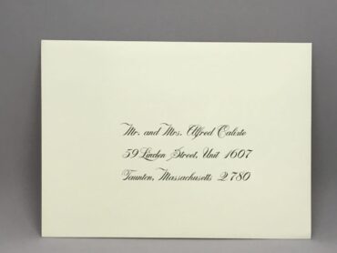 Save time by opting for calligraphy envelope guest addressing with your order, featuring guest addressing tailored to match your unique style. This ensures that upon receiving your invitations, they will be ready for mailing, complete with addresses professionally printed directly onto your envelopes. The font and color will seamlessly match your invitations, creating a cohesive theme, unless you specify changes to the color or fonts. Select your desired quantity, customize your envelope online, and complete your order. Email us your guest addressing list file, and we'll create a layout for your approval. Upon receiving the layout, carefully review it and make any necessary changes or corrections.