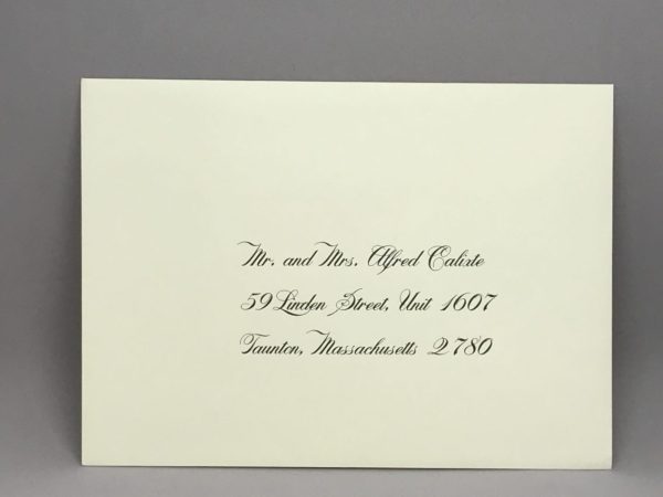 Save time by opting for calligraphy envelope guest addressing with your order, featuring guest addressing tailored to match your unique style. This ensures that upon receiving your invitations, they will be ready for mailing, complete with addresses professionally printed directly onto your envelopes. The font and color will seamlessly match your invitations, creating a cohesive theme, unless you specify changes to the color or fonts. Select your desired quantity, customize your envelope online, and complete your order. Email us your guest addressing list file, and we'll create a layout for your approval. Upon receiving the layout, carefully review it and make any necessary changes or corrections.