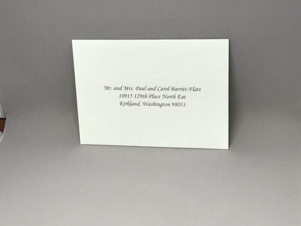 Save time by opting for calligraphy envelope guest addressing with your order, featuring guest addressing tailored to match your unique style. This ensures that upon receiving your invitations, they will be ready for mailing, complete with addresses professionally printed directly onto your envelopes. The font and color will seamlessly match your invitations, creating a cohesive theme, unless you specify changes to the color or fonts. Select your desired quantity, customize your envelope online, and complete your order. Email us your guest addressing list file, and we'll create a layout for your approval. Upon receiving the layout, carefully review it and make any necessary changes or corrections.
