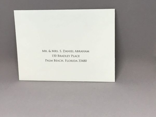 Save time by opting for calligraphy envelope guest addressing with your order, featuring guest addressing tailored to match your unique style. This ensures that upon receiving your invitations, they will be ready for mailing, complete with addresses professionally printed directly onto your envelopes. The font and color will seamlessly match your invitations, creating a cohesive theme, unless you specify changes to the color or fonts. Select your desired quantity, customize your envelope online, and complete your order. Email us your guest addressing list file, and we'll create a layout for your approval. Upon receiving the layout, carefully review it and make any necessary changes or corrections.