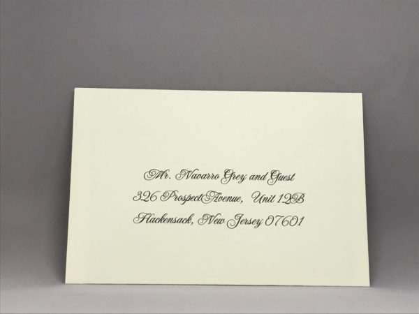 Save time by opting for calligraphy envelope guest addressing with your order, featuring guest addressing tailored to match your unique style. This ensures that upon receiving your invitations, they will be ready for mailing, complete with addresses professionally printed directly onto your envelopes. The font and color will seamlessly match your invitations, creating a cohesive theme, unless you specify changes to the color or fonts. Select your desired quantity, customize your envelope online, and complete your order. Email us your guest addressing list file, and we'll create a layout for your approval. Upon receiving the layout, carefully review it and make any necessary changes or corrections.