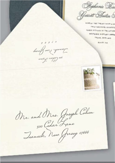 Save time by opting for calligraphy envelope guest addressing with your order, featuring guest addressing tailored to match your unique style. This ensures that upon receiving your invitations, they will be ready for mailing, complete with addresses professionally printed directly onto your envelopes. The font and color will seamlessly match your invitations, creating a cohesive theme, unless you specify changes to the color or fonts. Select your desired quantity, customize your envelope online, and complete your order. Email us your guest addressing list file, and we'll create a layout for your approval. Upon receiving the layout, carefully review it and make any necessary changes or corrections.