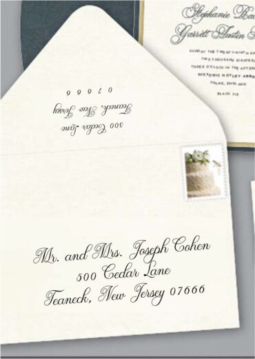 Save time by opting for calligraphy envelope guest addressing with your order, featuring guest addressing tailored to match your unique style. This ensures that upon receiving your invitations, they will be ready for mailing, complete with addresses professionally printed directly onto your envelopes. The font and color will seamlessly match your invitations, creating a cohesive theme, unless you specify changes to the color or fonts. Select your desired quantity, customize your envelope online, and complete your order. Email us your guest addressing list file, and we'll create a layout for your approval. Upon receiving the layout, carefully review it and make any necessary changes or corrections.