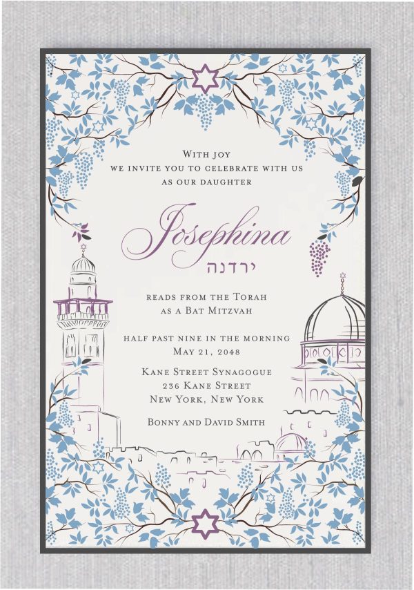 The obligations of a Bar or Bat Mitzvah are to be celebrated as a joyous event – this Bloom in Jerusalem - Email Paperless Jewish wedding invitation Jerusalem elements to convey the message.