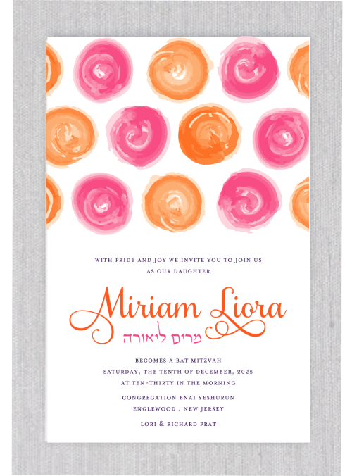 This modern Evite paperless Bat Mitzvah invitation features a dynamic mix of geometric elements, paired with a sleek and stylish text layout. The bold fusion of vibrant orange and pink hues creates a striking, contemporary look, making this paperless invitation a standout choice for any celebration.