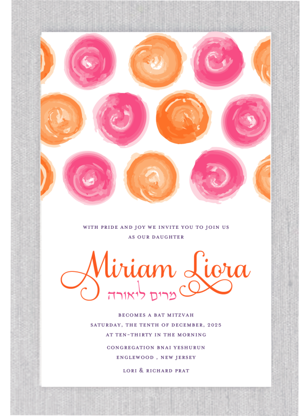 This modern Evite paperless Bat Mitzvah invitation features a dynamic mix of geometric elements, paired with a sleek and stylish text layout. The bold fusion of vibrant orange and pink hues creates a striking, contemporary look, making this paperless invitation a standout choice for any celebration.