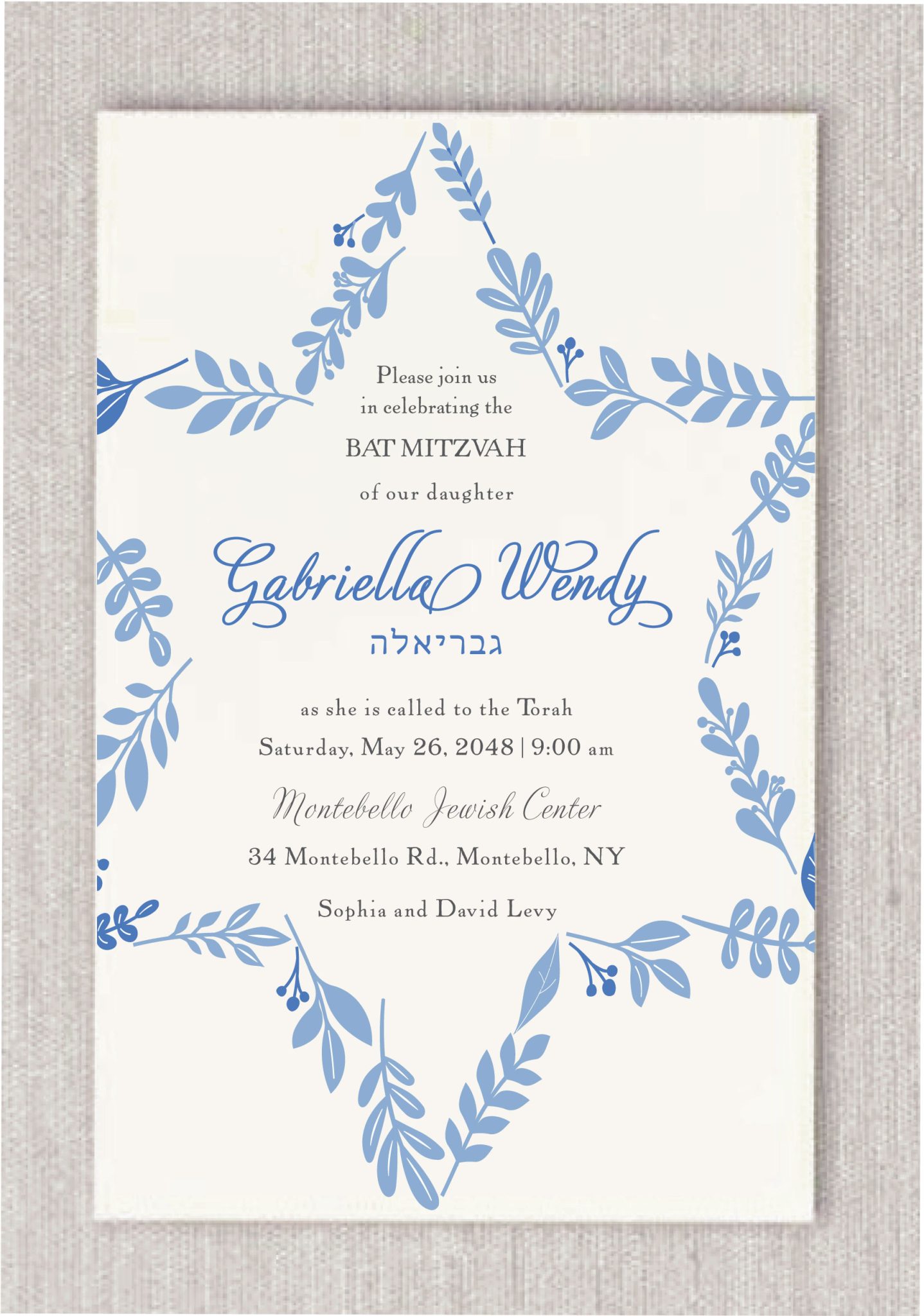 A stunning Star of David, delicately crafted from an array of leaves, elegantly encircles this beautiful Bat Mitzvah invitation. At the center of the Star of David, within its sacred shape, are the details of the Bat Mitzvah girl's special day. Her name is prominently displayed in a fancy, sophisticated font, alongside her Hebrew name, adding a personal and elegant touch to the design