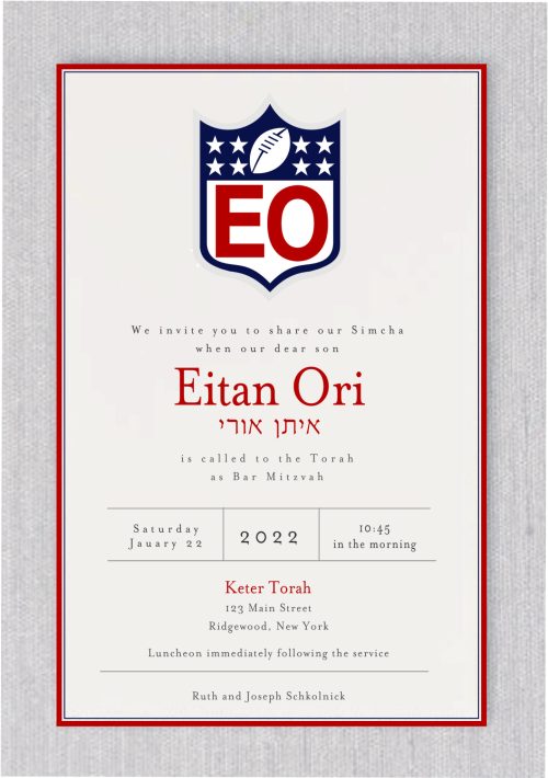 NFL Football Theme Bar Mitzvah Invitation, radiating elegance and celebratory spirit for the Bar Mitzvah boy. The monogram surrounding the NFL logo provides a cheerful backdrop, with Bar Mitzvah details seamlessly integrated within. The Bar Mitzvah boy's name is highlighted in bold, muscular type, complemented by the Hebrew name in blue and red, echoing the NFL color theme. All details are tastefully displayed within a thick red and blue border, resulting in a beautiful and memorable invitation
