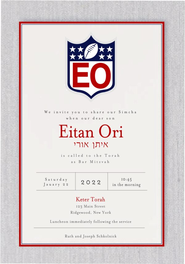 NFL Football Theme Bar Mitzvah Invitation, radiating elegance and celebratory spirit for the Bar Mitzvah boy. The monogram surrounding the NFL logo provides a cheerful backdrop, with Bar Mitzvah details seamlessly integrated within. The Bar Mitzvah boy's name is highlighted in bold, muscular type, complemented by the Hebrew name in blue and red, echoing the NFL color theme. All details are tastefully displayed within a thick red and blue border, resulting in a beautiful and memorable invitation
