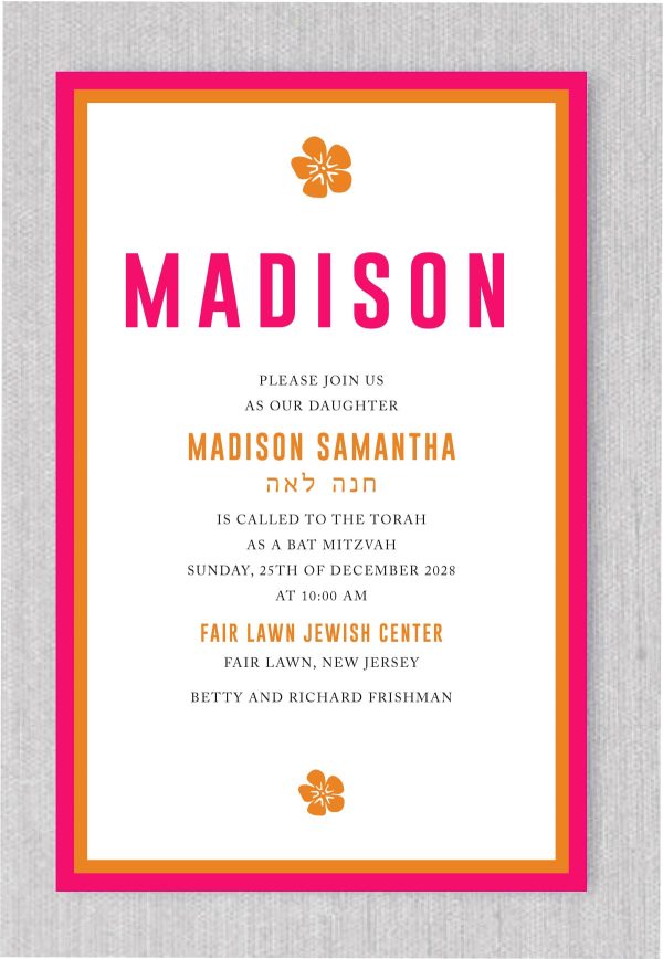 This bat mitzvah invitation features a bold and vibrant color scheme of hot pink and orange, with a contemporary, modern design and style. The layout is unique and eye-catching, sure to make a lasting impression on your guests. This invitation is the perfect choice for anyone looking for a fresh and stylish way to invite their family and friends to celebrate this special bat mitzvah occasion.