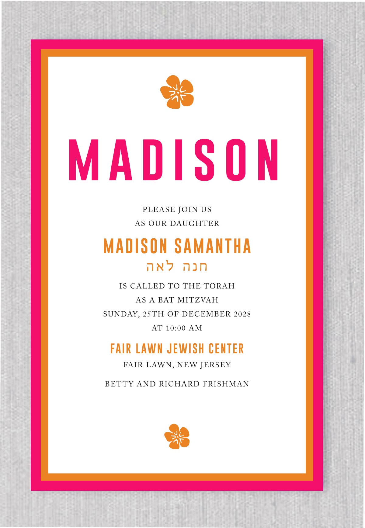 This bat mitzvah invitation features a bold and vibrant color scheme of hot pink and orange, with a contemporary, modern design and style. The layout is unique and eye-catching, sure to make a lasting impression on your guests. This invitation is the perfect choice for anyone looking for a fresh and stylish way to invite their family and friends to celebrate this special bat mitzvah occasion.