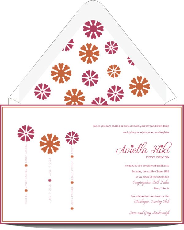This elegant Bat Mitzvah invitation features modern flowers of varying sizes on the left side, creating a fresh and vibrant look. On the opposite side, the Bat Mitzvah details are beautifully arranged, with the name of the Bat Mitzvah girl prominently displayed in an elegant, decorative font, complemented by her Hebrew name beneath it. This design perfectly balances timeless tradition with modern sophistication, making it the ideal choice for a memorable and meaningful celebration.