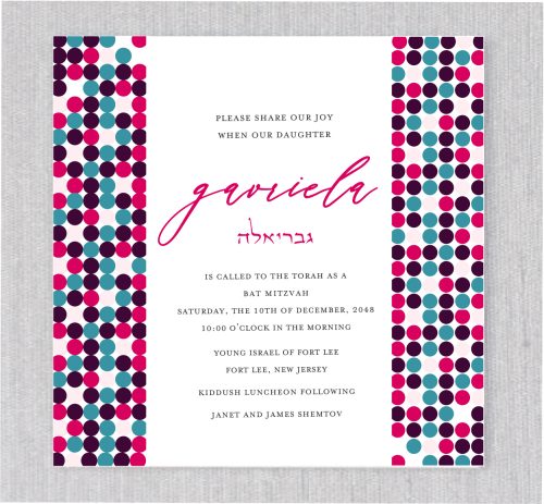The Rainbow Polka Dots Evite Paperless Bat Mitzvah Invitation features a vibrant and playful border frame, adding a fun and colorful touch to your online celebration. With a lively array of polka dots in a spectrum of rainbow colors, this invitation perfectly captures the joy and excitement of the occasion. Its energetic design makes it the ideal choice for a Bat Mitzvah celebration filled with happiness, fun, and festive spirit.