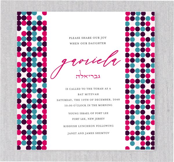 The Rainbow Polka Dots Evite Paperless Bat Mitzvah Invitation features a vibrant and playful border frame, adding a fun and colorful touch to your online celebration. With a lively array of polka dots in a spectrum of rainbow colors, this invitation perfectly captures the joy and excitement of the occasion. Its energetic design makes it the ideal choice for a Bat Mitzvah celebration filled with happiness, fun, and festive spirit.