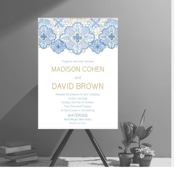 Trimmed In Lace Gold and Lapis Wedding Invitation