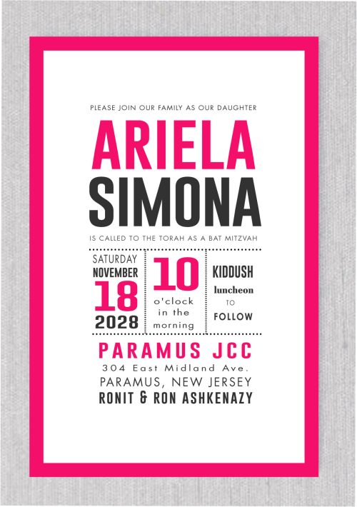 Our Unique Charcoal and Pink - Bat Mitzvah Invitation features a bold pink border that's sure to catch your eye and set the tone for the event. The charcoal color adds a touch of sophistication and elegance to the design, making this invitation truly unforgettable.