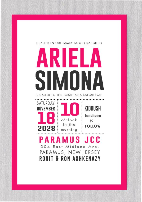 Our Unique Charcoal and Pink - Bat Mitzvah Invitation features a bold pink border that's sure to catch your eye and set the tone for the event. The charcoal color adds a touch of sophistication and elegance to the design, making this invitation truly unforgettable.
