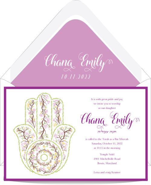 This elegant Bat Mitzvah invitation features a stunning Hamsa in shades of purple and pink, symbolizing protection and blessings. On the opposite side, the Bat Mitzvah details are beautifully arranged, with the name of the Bat Mitzvah girl prominently displayed in an elegant, decorative font, complemented by her Hebrew name beneath it. This design perfectly combines timeless symbolism with modern sophistication, making it an ideal choice for a memorable and meaningful celebration.