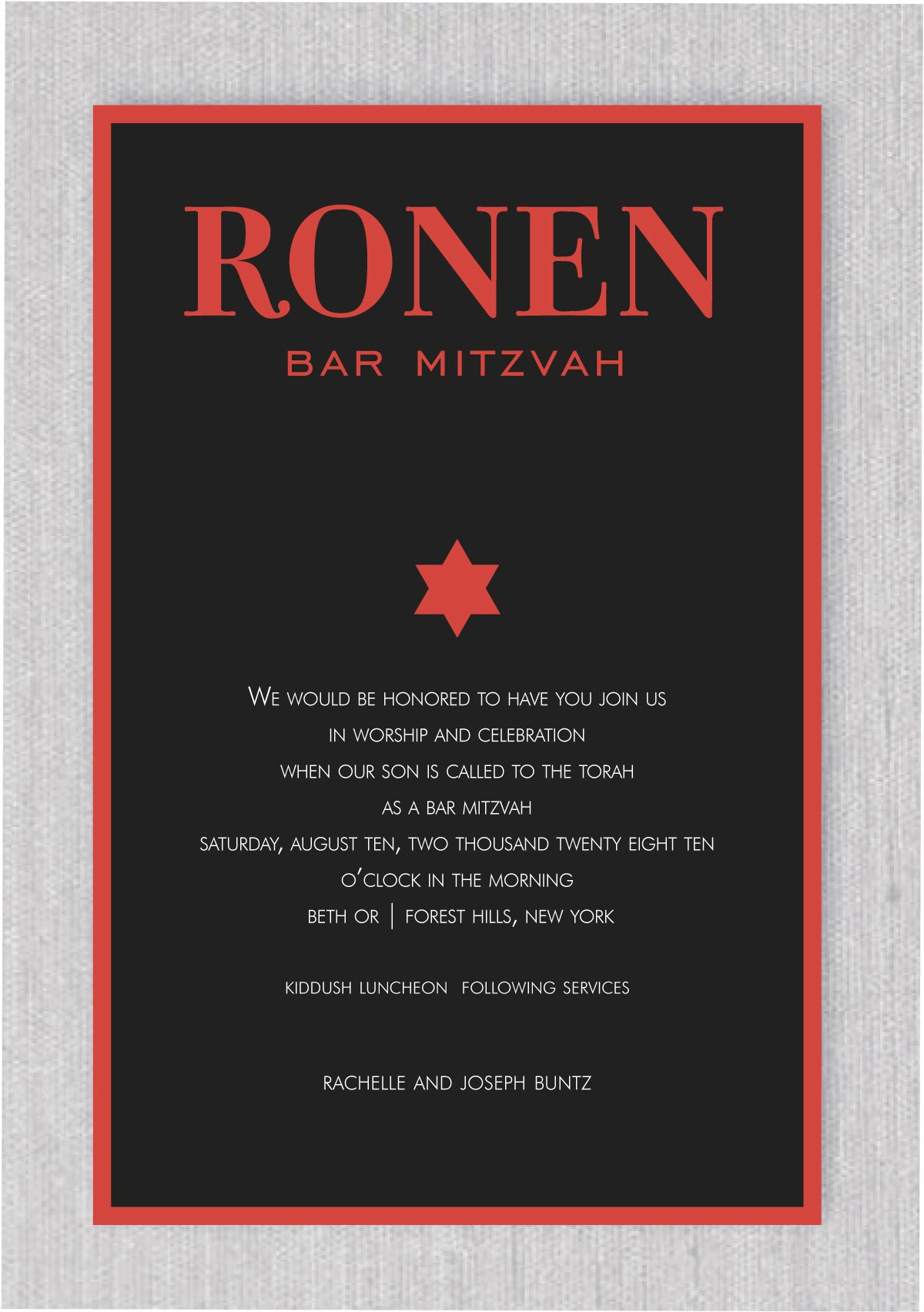Our Modern Black, Red and White Bar Mitzvah Invitation is perfect for those looking for a sleek and bold design. The black background provides a sophisticated and elegant touch, while the bold big letters in red make a powerful statement. The  Modern Black, Red and White Bar Mitzvah invitation will definitely catch the eye of your guests and will set the tone for your event.