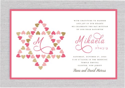 This elegant Bat Mitzvah invitation features a beautiful Star of David, created from many heart shapes in shades of pink and gold, symbolizing love and tradition. On the opposite side, the Bat Mitzvah details are thoughtfully arranged, with the name of the Bat Mitzvah girl prominently displayed in a fancy, decorative font, complemented by her Hebrew name beneath it. This design perfectly balances timeless symbolism with modern elegance, making it an ideal choice for a memorable and meaningful celebration.