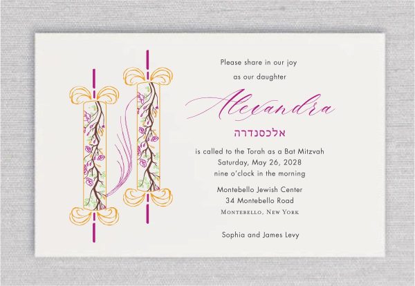 The Fancy Torah - Bat Mitzvah Invitation is absolutely stunning! They showcase a beautiful modern flower Torah design in vibrant hot pink and orange colors that are sure to catch the eyes of your guests. The layout is very unique and easy on the eyes, and it's perfect for anyone who wants to add a fresh and stylish touch to their special Jewish occasion. These invitations will surely make a lasting impression on your guests and set the tone for a memorable celebration. Let me know if you have any other questions or if there's anything else I can assist you with.
