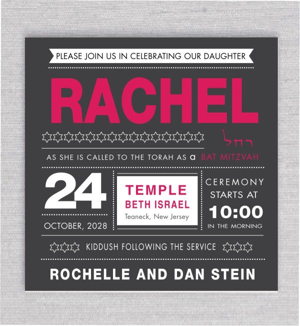 Be Bold Pink and Charcoal Bat Mitzvah Invitations