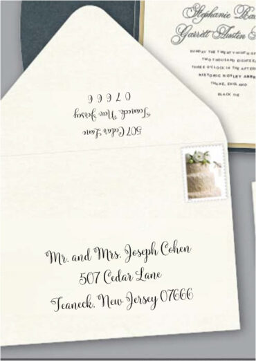 Save time by opting for calligraphy envelope guest addressing with your order, featuring guest addressing tailored to match your unique style. This ensures that upon receiving your invitations, they will be ready for mailing, complete with addresses professionally printed directly onto your envelopes. The font and color will seamlessly match your invitations, creating a cohesive theme, unless you specify changes to the color or fonts. Select your desired quantity, customize your envelope online, and complete your order. Email us your guest addressing list file, and we'll create a layout for your approval. Upon receiving the layout, carefully review it and make any necessary changes or corrections.