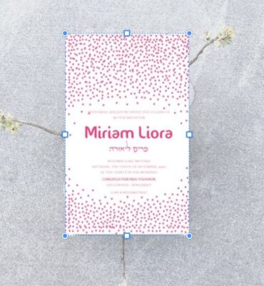 This exquisite Bat Mitzvah invitation features playful flamingo dots in pink and orange along the top and bottom, reflecting the vibrant spirit of the celebration. At the center, the Bat Mitzvah details are elegantly showcased, with the name of the Bat Mitzvah girl beautifully presented in both Hebrew and English, adding a personal and meaningful touch. The design seamlessly blends tradition with modern sophistication, making it the perfect choice for a memorable and stylish celebration.