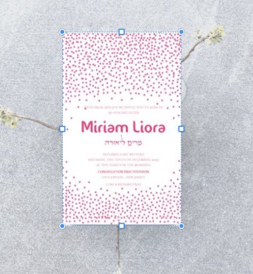 This exquisite Bat Mitzvah invitation features playful flamingo dots in pink and orange along the top and bottom, reflecting the vibrant spirit of the celebration. At the center, the Bat Mitzvah details are elegantly showcased, with the name of the Bat Mitzvah girl beautifully presented in both Hebrew and English, adding a personal and meaningful touch. The design seamlessly blends tradition with modern sophistication, making it the perfect choice for a memorable and stylish celebration.