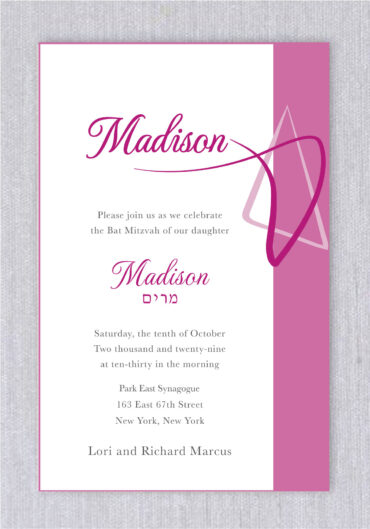 The Flamingo Star of David Bat Mitzvah Invitation is naturally eye-catching, then pair it with a fresh layout and the modern Star of David of the Bat Mitzvah invitation.
