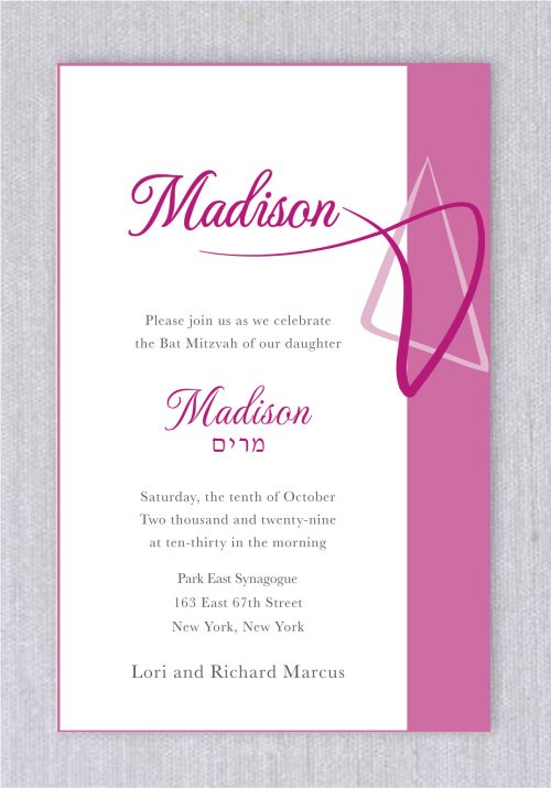 The Flamingo Star of David Bat Mitzvah Invitation is a striking design that effortlessly captures attention, setting the tone for a memorable Bat Mitzvah celebration. The Star of David is rendered in two unique shades of pink, adding a fresh and modern twist. With its contemporary layout and elegant interpretation of this timeless symbol, the invitation beautifully highlights the Bat Mitzvah details. The name of the Bat Mitzvah girl is prominently featured at the center, displayed in both Hebrew and English, offering a meaningful and stylish touch. This invitation is the perfect blend of tradition and modern elegance, making it an ideal choice for a truly special occasion.