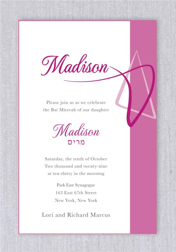 The Flamingo Star of David Bat Mitzvah Invitation is a striking design that effortlessly captures attention, setting the tone for a memorable Bat Mitzvah celebration. The Star of David is rendered in two unique shades of pink, adding a fresh and modern twist. With its contemporary layout and elegant interpretation of this timeless symbol, the invitation beautifully highlights the Bat Mitzvah details. The name of the Bat Mitzvah girl is prominently featured at the center, displayed in both Hebrew and English, offering a meaningful and stylish touch. This invitation is the perfect blend of tradition and modern elegance, making it an ideal choice for a truly special occasion.
