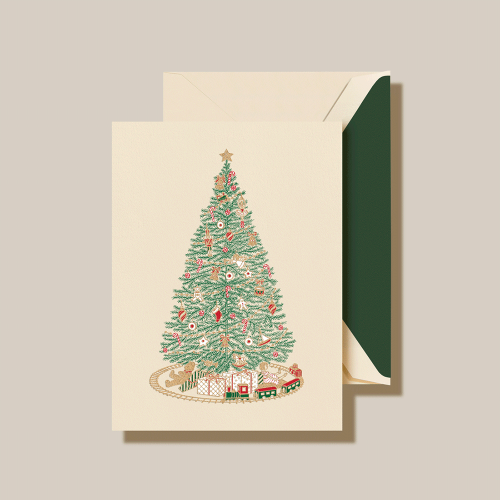 Notably nostalgic, this bright and cheery holiday card features the ever-iconic Christmas Morning Tree–with all the adornments to match. With a 4-pass engraving and dyed with classic seasonal hues, you'll evoke that remarkable feeling of surprise and delight with every card you send. Personalize inside with your choice of greeting, font & ink color. Or add a pop of color to the envelope by choosing from our assortment of linings.