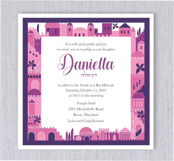 Presenting our exquisite Evite Paperless Jerusalem Border Bat Mitzvah Invitation, carefully curated in a regal palette of purples and pinks, perfectly tailored for the young lady of the hour. This invitation transcends the ordinary. The intricate border frame, graced with the majestic silhouette of Jerusalem's buildings, bestows an unparalleled sense of sophistication and significance upon the occasion.