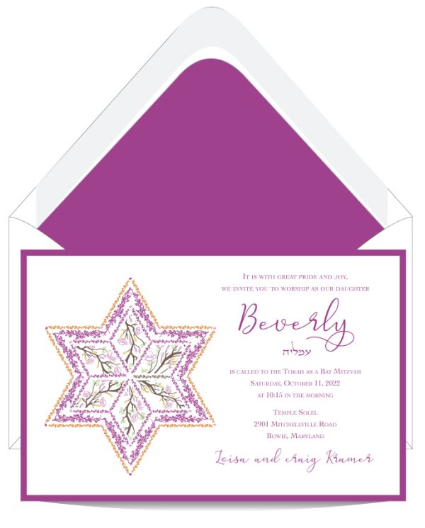 This elegant Bat Mitzvah invitation features a stunning Moroccan Flourish Star of David in shades of pink and orange, symbolizing blessings and good fortune. On the opposite side, the Bat Mitzvah details are beautifully arranged, with the name of the Bat Mitzvah girl prominently displayed in an elegant, decorative font, complemented by her Hebrew name beneath it. This design seamlessly combines timeless symbolism with modern sophistication, making it the perfect choice for a memorable and meaningful celebration.