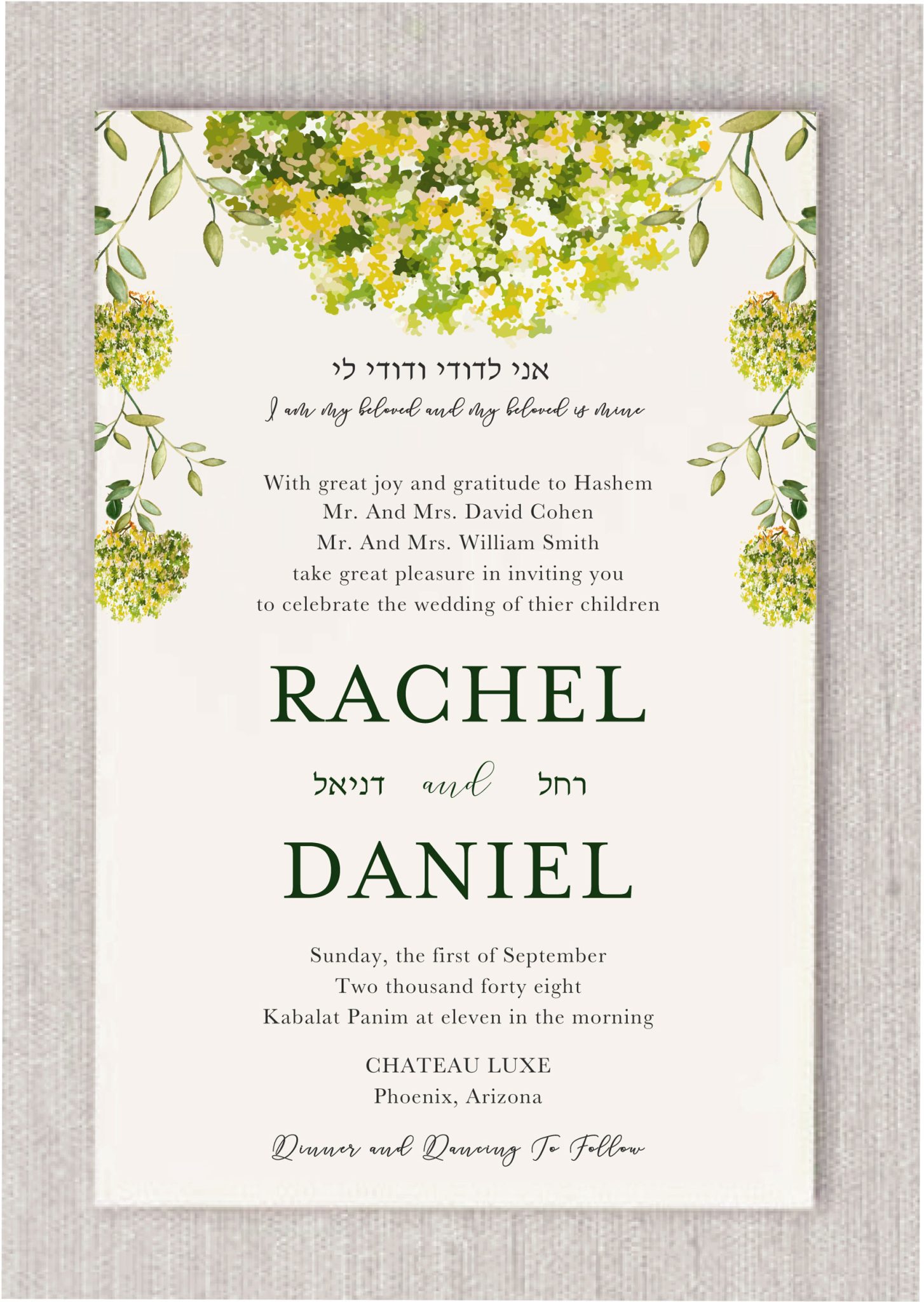 Celebrate love and tradition with this stunning Vines of Green Jewish wedding invitation, thoughtfully designed with hand-painted watercolor bouquets and leafy vines in soft green and yellow hues. Perfect for a garden wedding or outdoor celebration, this invitation captures the beauty of nature while honoring Jewish heritage and symbolism. Delicate botanical elements surround the invitation, including floral bouquets symbolizing joy, abundance, and blessings—meaningful symbols in Jewish wedding traditon . At the heart of the design is the cherished verse: “I am my beloved’s and my beloved is mine” and אני לדודי ודודי לי —paired with the beautiful in Hebrew, creating a deeply meaningful and romantic centerpiece. This invitation features elegantly styled text in both English and Hebrew, making it ideal for modern Jewish couples who want to blend timeless tradition with botanical elegance. Whether you’re planning a Jewish garden wedding or simply drawn to refined, symbolic design, this invitation is a perfect match.