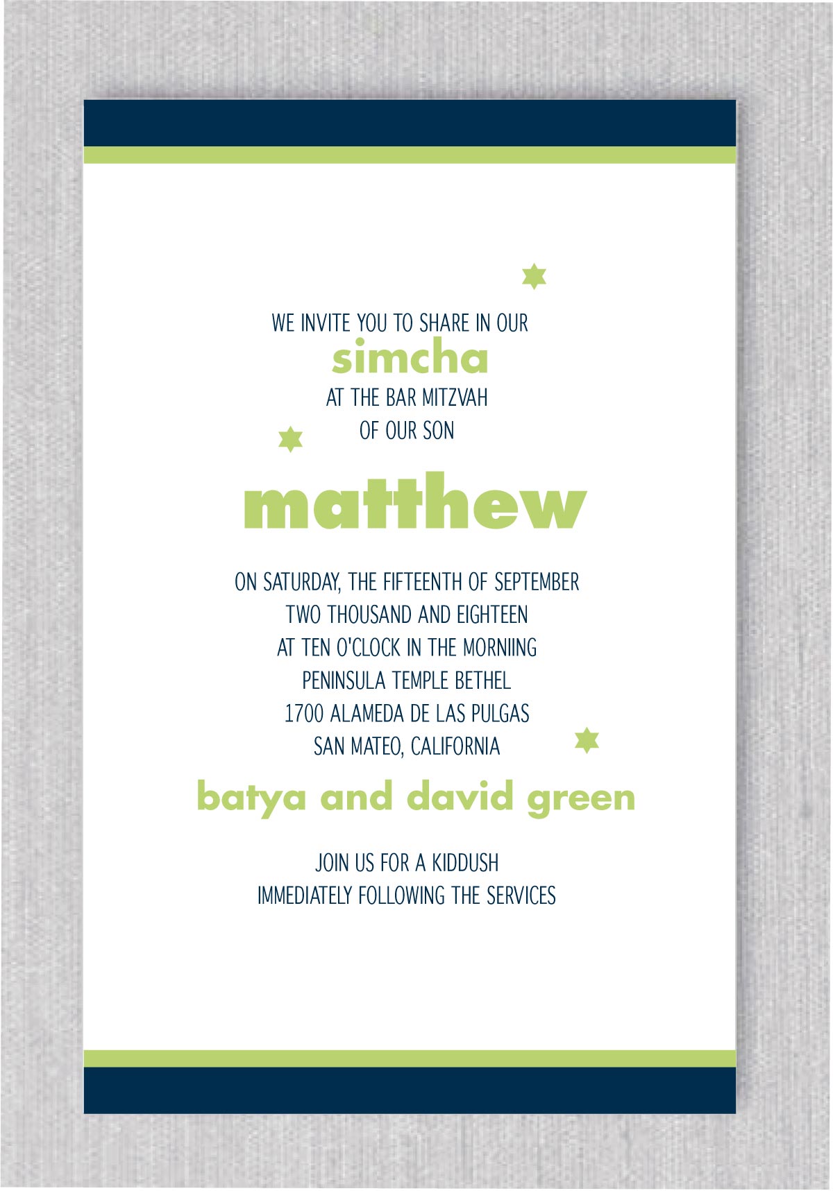Our Embark Bar Mitzvah Invitation features a bright color scheme and unique construction, perfect to announce your upcoming milestone event. Crisp white stock sets off the two ink colors used to display your event details.
