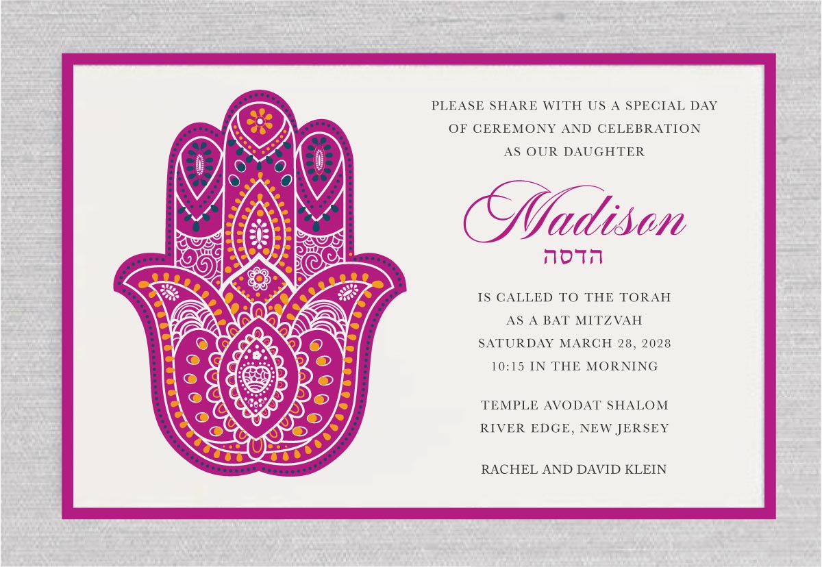The Floral Hamsa - Bat Mitzvah Invitation Invitations are absolutely stunning! They showcase a beautiful modern Hamsa design, of delicate Chamsa design design in vibrant hot pink and orange colors that are sure to catch the eyes of your guests. The layout is very unique and easy on the eyes, and it's perfect for anyone who wants to add a fresh and stylish touch to their special Jewish Bat Mitzvah occasion. These invitations will surely make a lasting impression on your guests and set the tone for a memorable celebration.