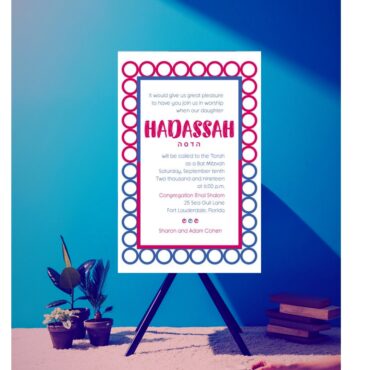 This vibrant Bat Mitzvah invitation features a bold and modern design with dynamic circles in shades of blue and hot pink. The contemporary layout beautifully blends tradition with a fresh, colorful twist, making it an ideal choice for celebrating this special milestone. Perfectly suited for a memorable Jewish celebration, this invitation will set the tone for a joyous and stylish event.