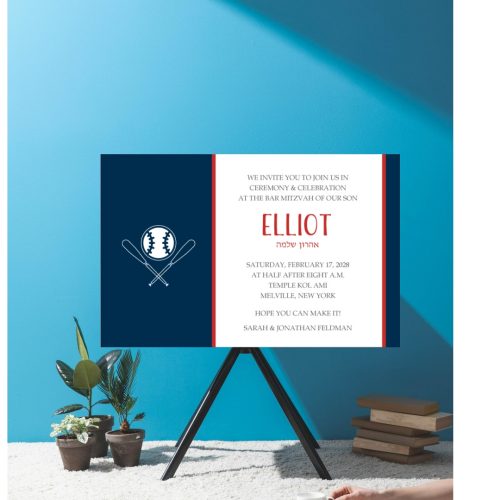 Hit a home run with friends and family as you kick off your festivities with this sporty Bar Mitzvah invitation. Featuring a tennis logo on the left side, this design sets the tone for an active celebration. On the right, the Bar Mitzvah details are elegantly presented in navy blue, creating a perfect balance of athletic energy and sophistication for your special day